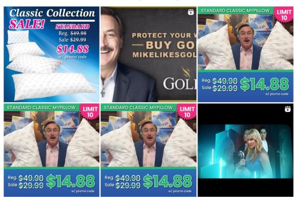 An image shows a series of recent social media posts by Lindell, with some advertising MyPillow's $14.88 price. Lindell suggested he didn't know what the number